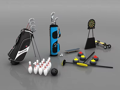 Sports Equipment Collection Including Golf Clubs Dartboard Skateboard Bowling Pins Croquet Mallet And Balls 3d model