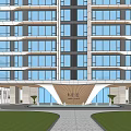 Modern Commercial Street With Glass Facade Open Entrance And Pedestrian Walkway