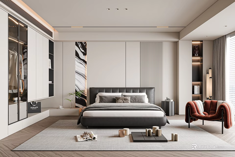 Modern Bedroom Interior Design With Large Bed Wardrobe Accent Chair And Wall Art 3d model 