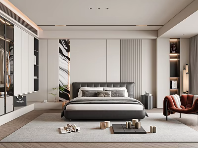 Modern Bedroom Interior Design With Large Bed Wardrobe Accent Chair And Wall Art 3d model