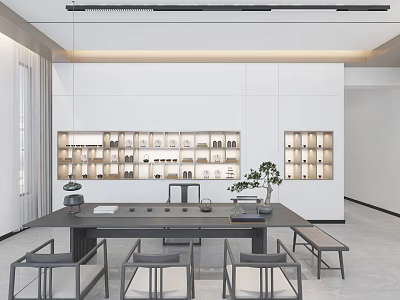 Minimalist Tea Room Interior Design With Long Wooden Table Chairs And Tea Set Shelves 3d model