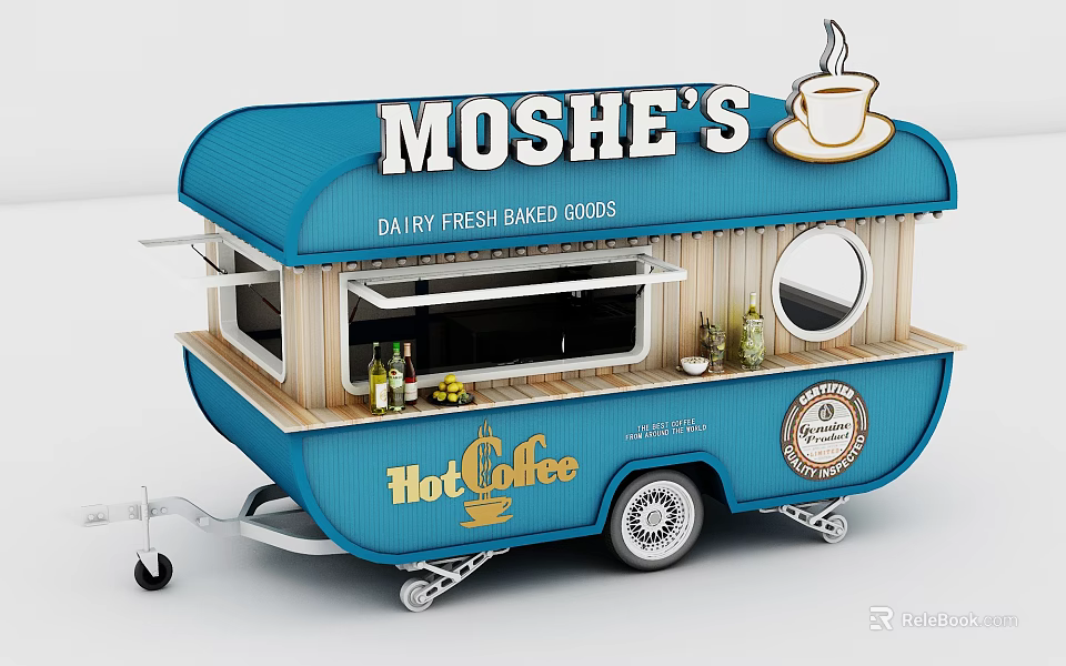 Moshes Blue Mobile Food Truck with Daily Fresh Baked Goods Hot Coffee Side Window and Wooden Counter Wheels 3d model 
