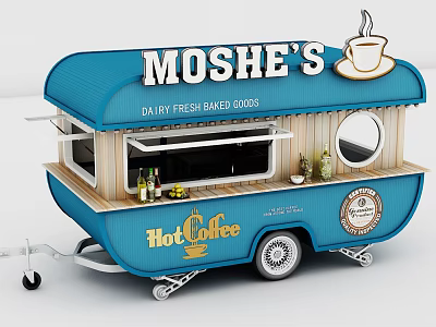 Moshes Blue Mobile Food Truck with Daily Fresh Baked Goods Hot Coffee Side Window and Wooden Counter Wheels 3d model