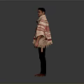 Man Wearing Red And White Striped Poncho With Patterns Holding Wooden Box Against Gray Background
