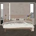 Modern Bedroom Double Bed Wooden Vertical Striped Headboard Light Sheets Nightstands Lamps Snowy Mountain View