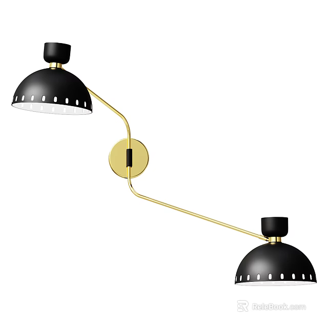 Modern Double Headed Wall Lamp With Black Shades And Golden Curved Arm Design 3d model 