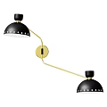 Modern Double Headed Wall Lamp With Black Shades And Golden Curved Arm Design