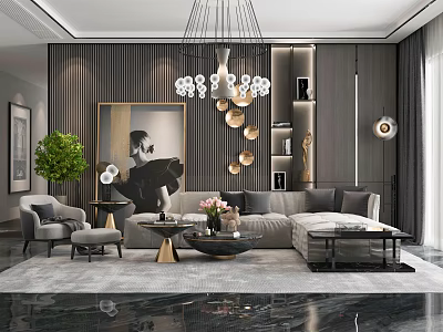Modern Living Room Interior Featuring Gray Sofa Chandelier Decorative Painting Green Plant And Coffee Table 3d model