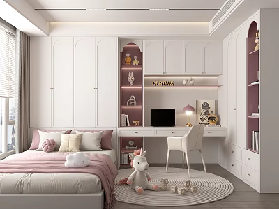 Modern Tatami Bedroom Interior With Pink White Cabinets Desk Unicorn Plush Toy And Round Rug 3d model