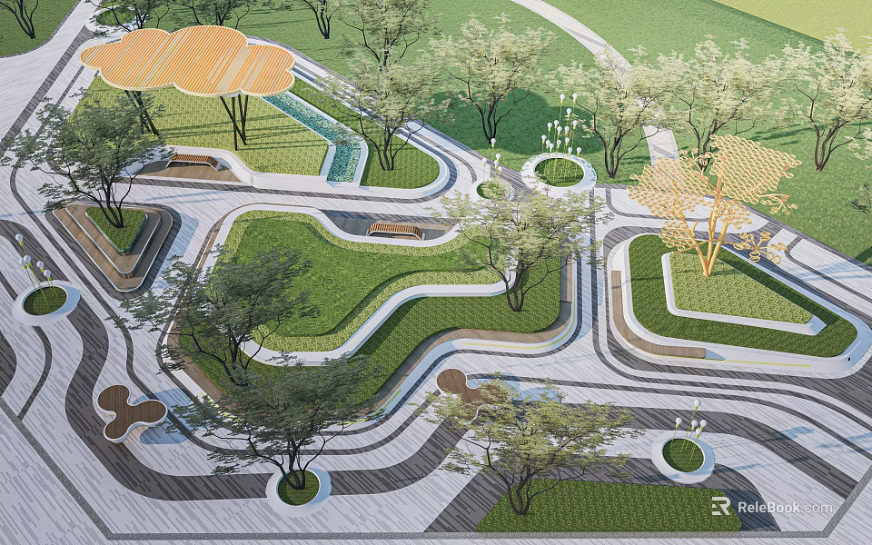 Park Landscape With Curved Pathways Lush Green Lawns Trees Rest Areas And Circular Garden Beds 3d model 