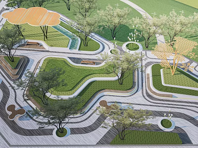 Park Landscape With Curved Pathways Lush Green Lawns Trees Rest Areas And Circular Garden Beds 3d model
