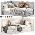Cozy Kids Bed With Scalloped Headboard Tan Frame Soft Pillows Plush Blanket And Stuffed Toy