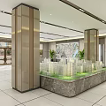 Architecture Models Display On Green Platform In Modern Lobby With Columns And Windows