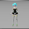 Anime Character With Cat Ears Turquoise Hair Black Dress White Thigh High Socks Green Shoes