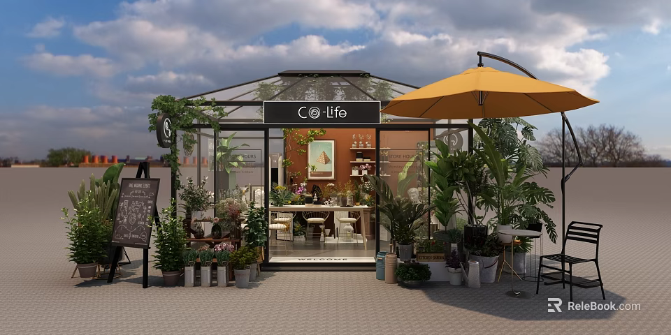 Co-lifo Store with Glass Greenhouse Yellow Umbrella Green Plants Flowers Indoor Tables and Chalkboard Menu 3d model 