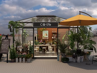 Co-lifo Store with Glass Greenhouse Yellow Umbrella Green Plants Flowers Indoor Tables and Chalkboard Menu 3d model