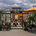Co-lifo Store with Glass Greenhouse Yellow Umbrella Green Plants Flowers Indoor Tables and Chalkboard Menu