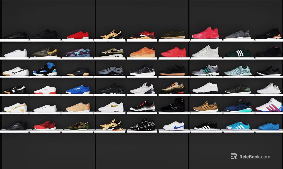 Assorted Trendy Shoes Display on Shelves with Multiple Styles Colors and Brands 3d model 