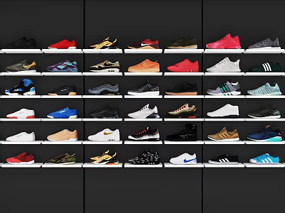Assorted Trendy Shoes Display on Shelves with Multiple Styles Colors and Brands 3d model