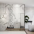 Modern Minimalist Bathroom With Marble Walls Hanging Pendant Lights Decorative Tile Pattern And Standalone Bathtub