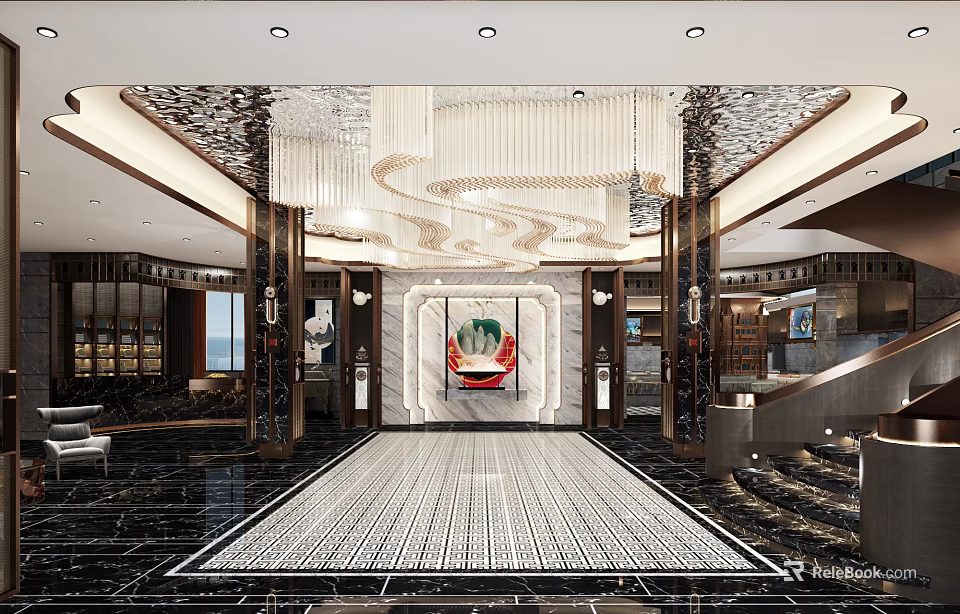 Elegant Hotel Lobby Interior With Grand Chandelier Marble Floor And Decorative Painting 3d model 