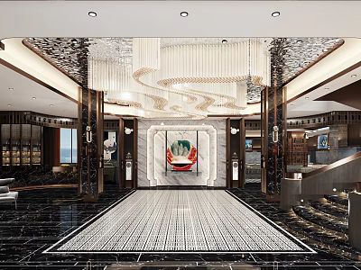 Elegant Hotel Lobby Interior With Grand Chandelier Marble Floor And Decorative Painting 3d model