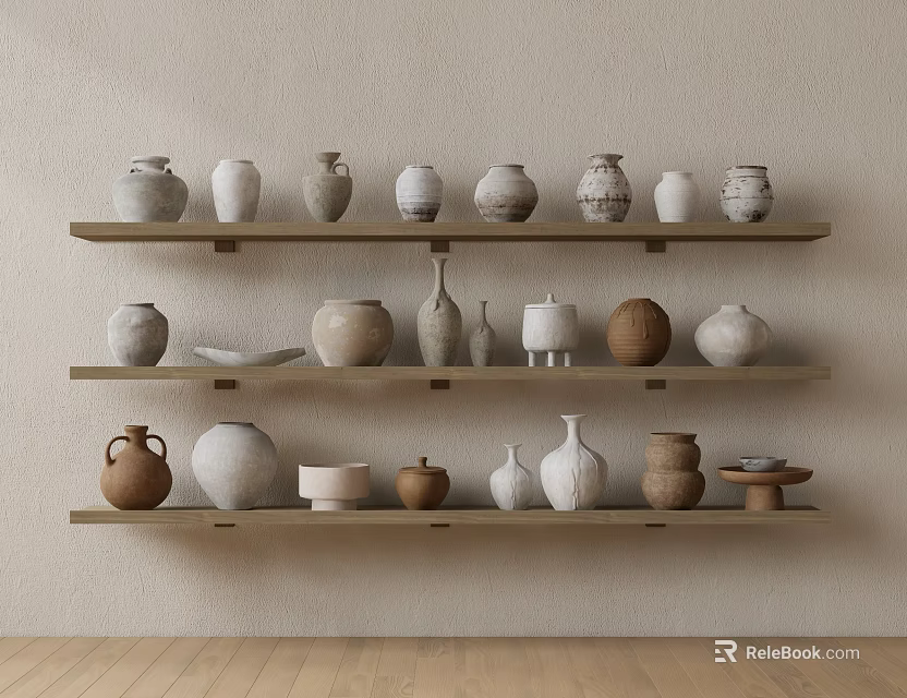 Display of Various Ceramic Vessels on Wooden Shelves Against Beige Wall with Wooden Floor 3d model 