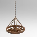 Industrial Equipment Featuring Hanging Wooden Wheel With Metal Chains And Rustic Design