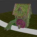 Traditional Watermill Cottage With Red Roof Wooden Structure And Water Wheel On Green Grass And White Path