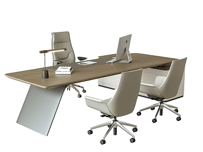 Modern Office Desk And Chair Set With Wooden Tabletop Wheels And Table Lamp Notebook Keyboard Monitor 3d model