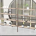 Chinese Style Wooden Shelving Unit Displaying Black Jars And Decorative Items In Interior Space