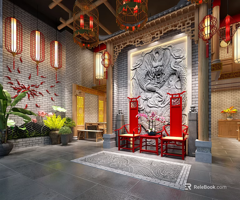 Traditional Chinese Hotpot Restaurant Interior With Red Lanterns Carved Wall And Green Plants 3d model 