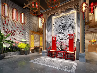 Traditional Chinese Hotpot Restaurant Interior With Red Lanterns Carved Wall And Green Plants 3d model