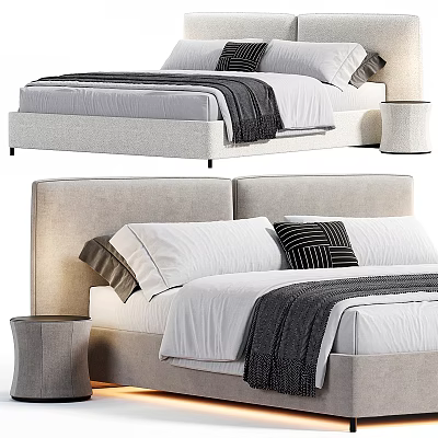 Modern Double Bed With Upholstered Headboard White Linens And Striped Pillows 3d model