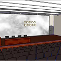 Conference Room With Large Screen Lady Red Sun Flying Birds Podium Wooden Floor Black Chairs