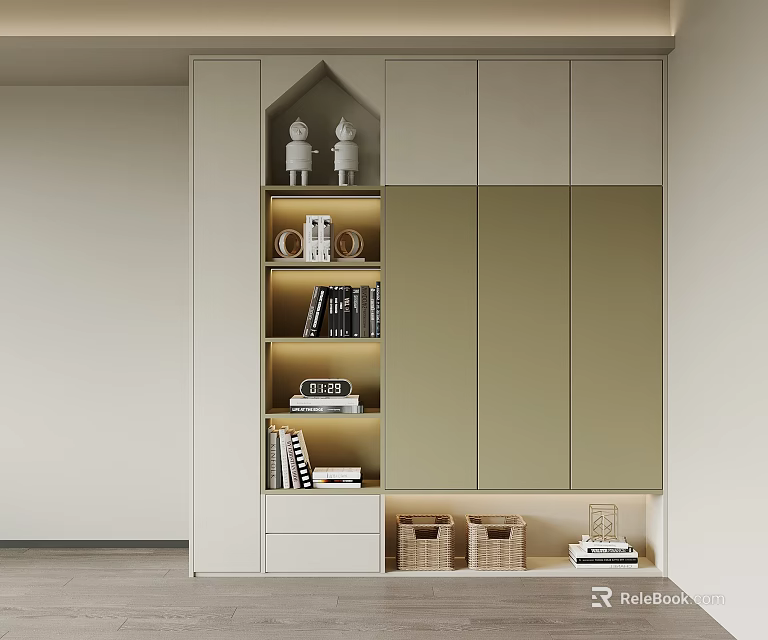 Modern Stylish Wardrobe With Open Shelves Closed Cabinets Drawers Storage Baskets And Decorative Figurines 3d model 