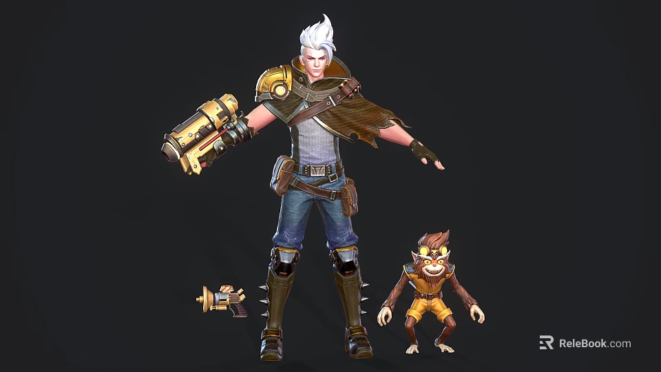 White Haired Game Movie Character In Golden Armored Outfit With Mechanical Gun And Small Companion 3d model 