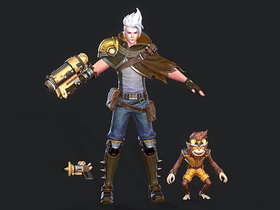 White Haired Game Movie Character In Golden Armored Outfit With Mechanical Gun And Small Companion 3d model