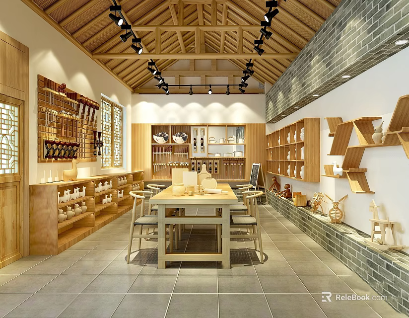 Traditional Chinese Book Art Interior Featuring Wooden Bookshelves Brick Walls And Displayed Artworks 3d model 