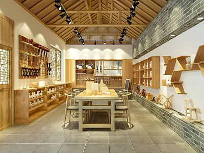 Traditional Chinese Book Art Interior Featuring Wooden Bookshelves Brick Walls And Displayed Artworks 3d model