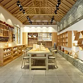 Traditional Chinese Book Art Interior Featuring Wooden Bookshelves Brick Walls And Displayed Artworks