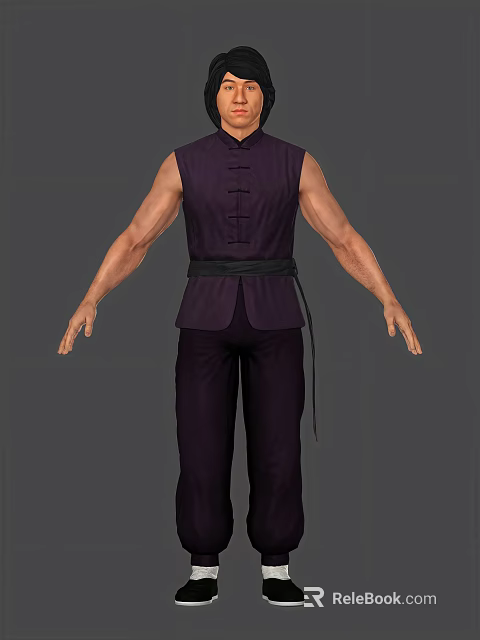 Man Wearing Purple Chinese Style Vest Black Belt And Purple Pants On Gray Background 3d model 