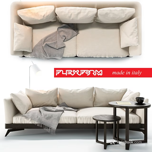 Flaxform Italian Made Beige Sofa With Gray Blanket And Small Table 3d model 
