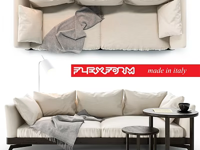 Flaxform Italian Made Beige Sofa With Gray Blanket And Small Table 3d model