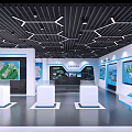Modern Tech Exhibition Hall With Geometric Ceiling Lights Blue White Display Panels And Central Platform