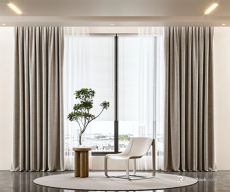 Gray Curtains in Modern Room with Window Blinds White Chair Small Table and Potted Plant 3d model 