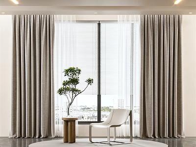 Gray Curtains in Modern Room with Window Blinds White Chair Small Table and Potted Plant 3d model