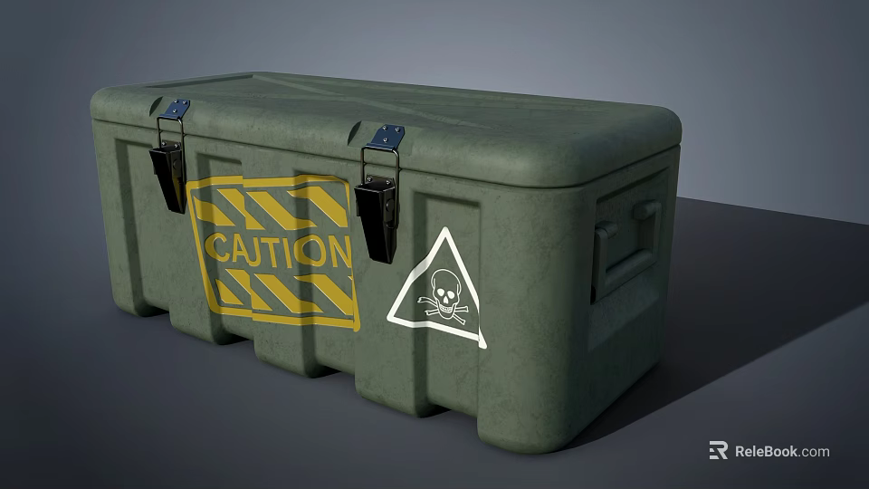 Green Heavy Duty Storage Container With Yellow Caution Label And Skull Danger Sign 3d model 