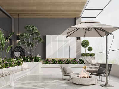 Modern Garden Terrace With Wooden Ceiling Glass Walls Green Plants Outdoor Furniture And Fire Pit 3d model