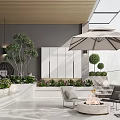 Modern Garden Terrace With Wooden Ceiling Glass Walls Green Plants Outdoor Furniture And Fire Pit